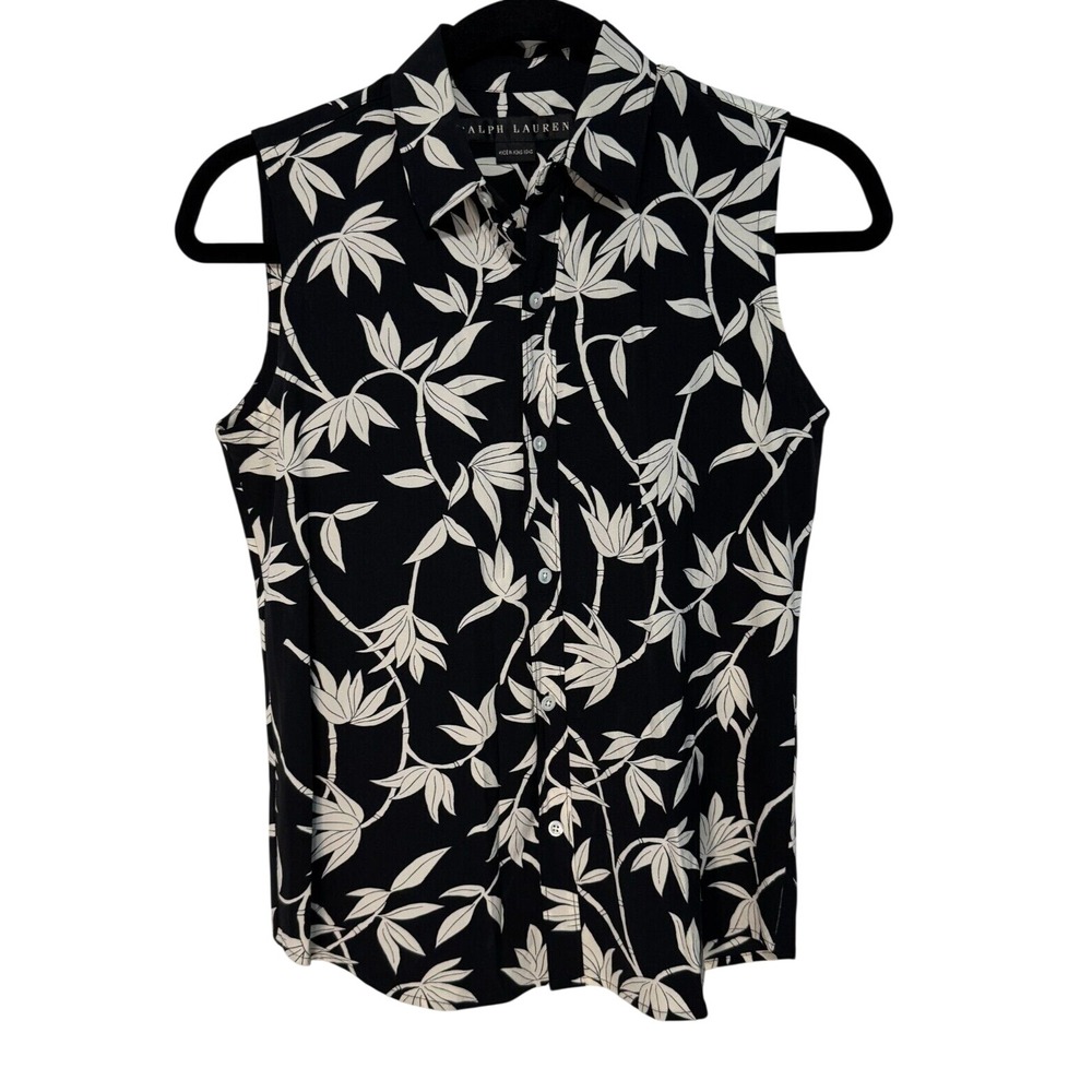 Ralph Lauren Silk Bamboo Print Sleeveless Button Down Blouse Black Cream Size 4